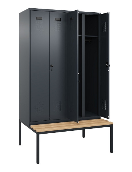 C+P Schwarz-Weiß-Spind Evolo PLUS, Bank, 4 Abteile, 2120x1200x815mm, 7016/7016, Drehriegel, Sitzfläche Buche-Hartholz, Sitzbank, 0490527-40 S10016