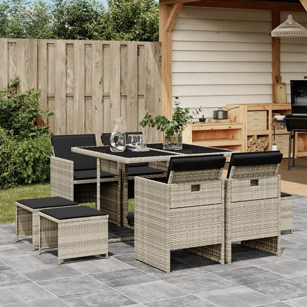 vidaXL 9-tlg. Garten-Essgruppe mit Kissen Hellgrau Poly Rattan, UV-beständig, 3277726