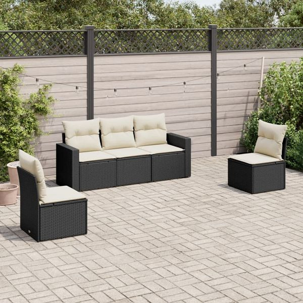 vidaXL 5-teilig Garten-Sofagarnitur mit Kissen Schwarz Poly Rattan, 3218776