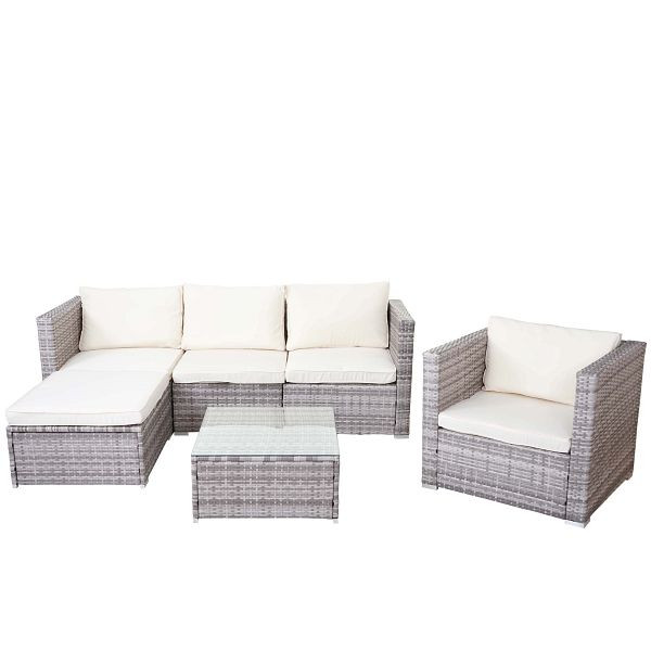 Mendler Poly-Rattan-Garnitur Brescia, Gartengarnitur Sitzgruppe Sofa Lounge-Set, grau, Kissen creme, 52757+52758+52759