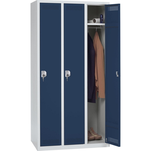 Deskin Garderoben-Stahlspind SP PROFI SYSTEM, 3 Abteile 300 mm, Zylinder, Lichtgrau x stahlblau, H 1700 x B 870 x T 500 mm, Gewicht 54 kg, 225716