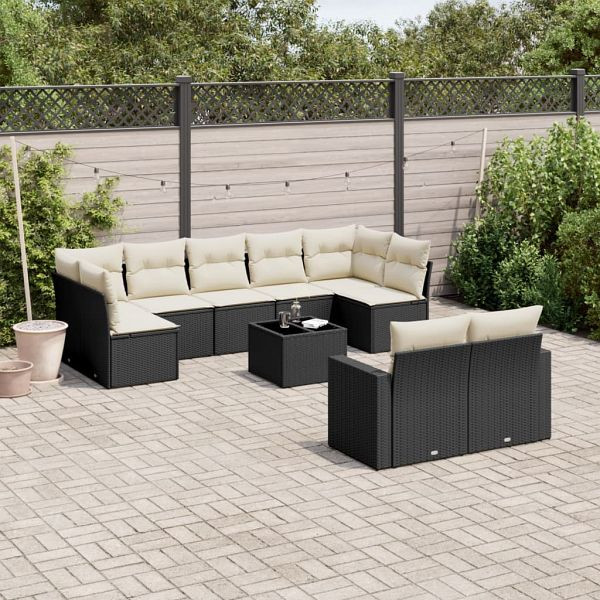 vidaXL 10-teilig Garten-Sofagarnitur mit Kissen Schwarz Poly Rattan, 3251763
