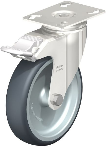 Blickle LKPXA-TPA 126G-FI Edelstahl-Apparate-Lenkrolle mit Anschraubplatte & Feststeller, Thermoplastisches Gummi-Elastomer, Grau, 527135