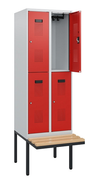 C+P Doppelstock-Spind Evolo PLUS, Bank, 4 Fächer, 1950x600x815mm, 7035/3020, Zylinderschloss, Sitzfläche Buche-Hartholz, 0493405-20 S10028