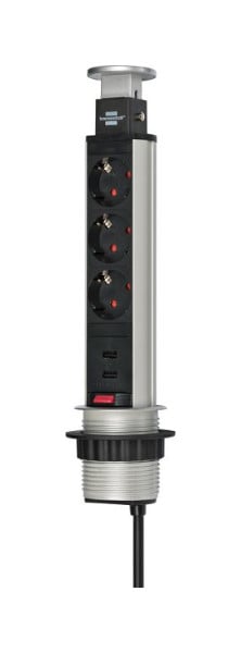Brennenstuhl Tower Power, Tischsteckdosenleiste 3-fach (versenkbare Steckdosenleiste, 2-fach USB, 2m Kabel) silber/schwarz, 1396200013