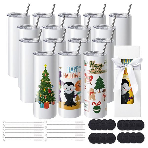 VEVOR 16er-Pack Sublimationsbecher, 20 oz Blanko-Becher, Edelstahl-Doppelwandbecher, Strohhalm, Deckel, Bürste, Boden, Schrumpffolie, KBJPJTJBXG16SECJMV0