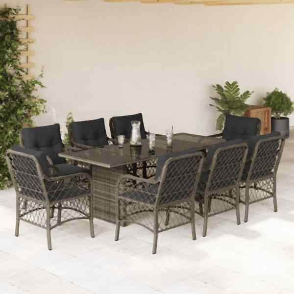 vidaXL 9-tlg. Garten-Essgruppe mit Kissen Grau Poly Rattan, UV-beständig, 3212061