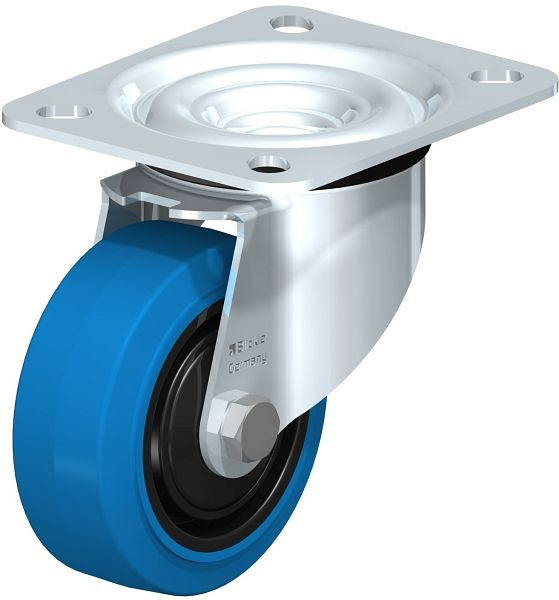 Blickle LE-POEV 80K-SB Stahlblech-Lenkrolle mit Anschraubplatte, Elastik-Vollgummi, Blau, 850093