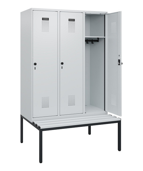C+P Spind Evolo PLUS, 3 Abteile, 1950x1200x815mm, 7035/7035, Drehriegel, Sitzfläche Kunststoff, Sitzbank, 0490505-32 S10067