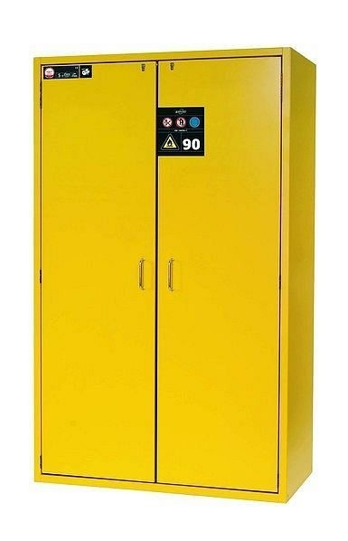 asecos Sicherheitsschrank S-CLASSIC-90, S90.196.120.WDAS in sicherheitsgelb RAL 1004 mit 4x Auszugswanne Standard (Edelstahl), 30116-002-30152