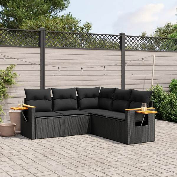 vidaXL 5-tlg. Garten-Sofagarnitur mit Kissen Schwarz Poly Rattan, UV-beständig, 3226797