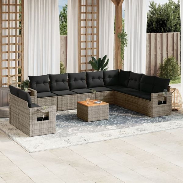 vidaXL 11-tlg. Garten-Sofagarnitur mit Kissen Grau Poly Rattan, 3224639