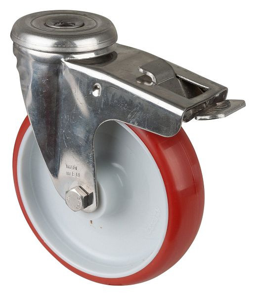 BS Rollen Edelstahl Transportrolle mit Feststeller, B32 mm, Ø125 mm, bis 130 kg, Fläche Polyurethan rot, Körper Kunststoff, Gleitlager, H121.B26.125