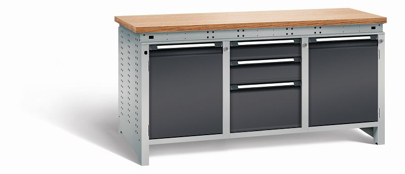 Otto Kind Werkbank Serie function Typ 310, Multiplexplatte 40 mm, bündig, 2x Unterbau + mittleres Feld, Gehäuse RAL 9006, Front RAL 9005, 07236513N