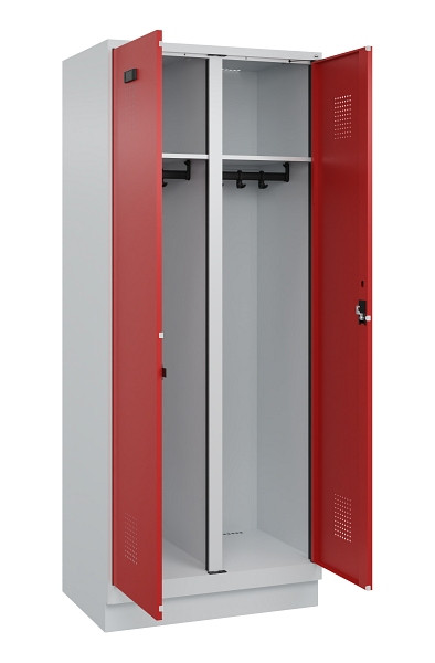 C+P Schwarz-Weiß-Spind Evolo PLUS, mit Sockel, 2 Abteile, 1950x800x500mm, 7035/3, Frontfarbe RAL 3000 feuerrot, Zylinderschloss, 049022-22 S10030