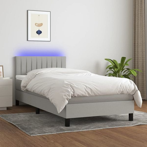 vidaXL Boxspringbett mit Matratze & LED Hellgrau 90x190 cm Stoff, 3133277