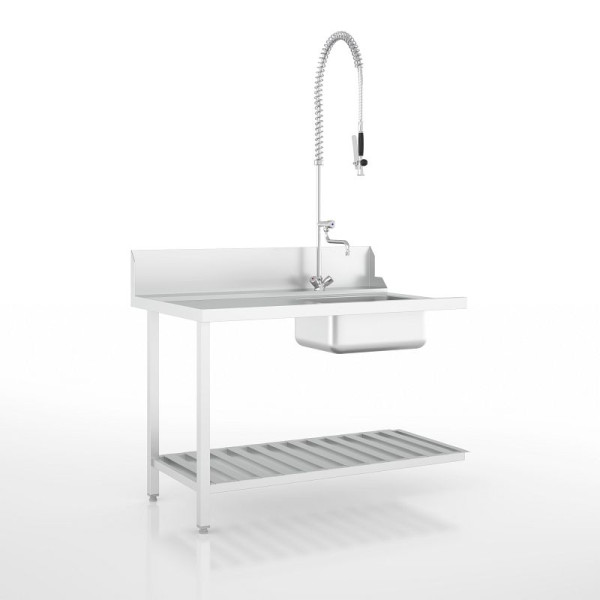 Ackermann Spülmaschinen Zulauftisch mit Becken 1250x800x875 mm - H-Linie, Anbau links/front, Unterbau mit Ablagerosten, 9021135