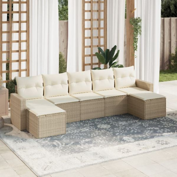 vidaXL 7-tlg. Garten-Sofagarnitur mit Kissen Beige Poly Rattan, 3219328