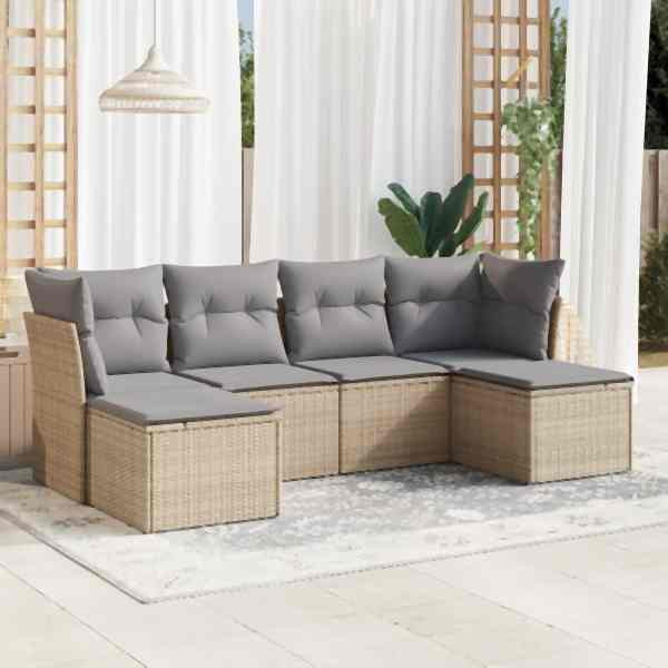 vidaXL 6-tlg. Garten-Sofagarnitur mit Kissen Beige Poly Rattan, UV-beständig, 3218009