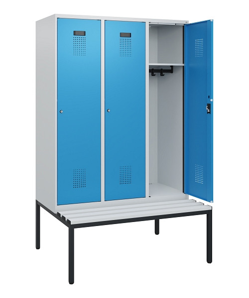 C+P Spind Evolo PLUS, 3 Abteile, 1950x1200x815mm, 7035/5012, Zylinderschloss, Material Sitzfläche Kunststoff, Sitzbank, 0490505-32 S10088
