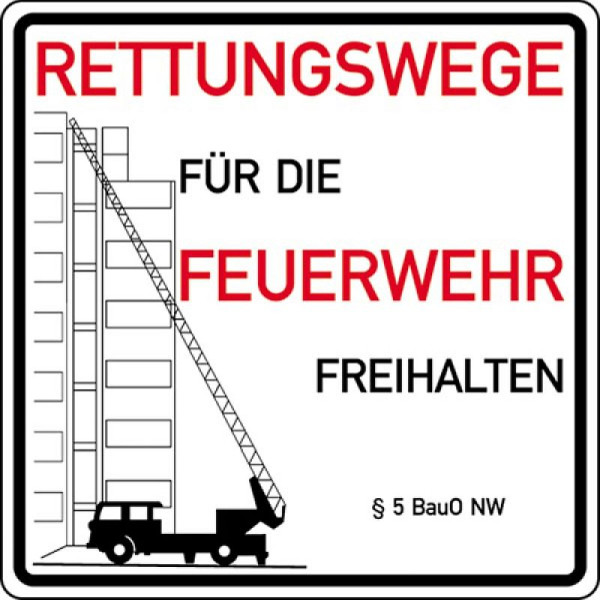 Stein HGS Rettungswege für die Feuerwehr freihalten, Alu, beschichtet, Stärke 2mm, Leiterwagen Symbol und § 5 BauO NW, 52.2765