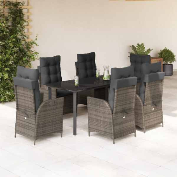 vidaXL 7-tlg. Garten-Essgruppe mit Kissen Grau Poly Rattan, UV-beständig, 3213230
