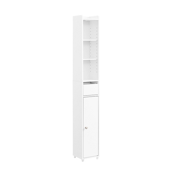 SoBuy Badezimmerschrank Schmal Hochschrank Badregal Schrank mit Tür und Schublade Apothekerschrank Stehend Nischenregal, 20x20x145cm, BZR34-K-W