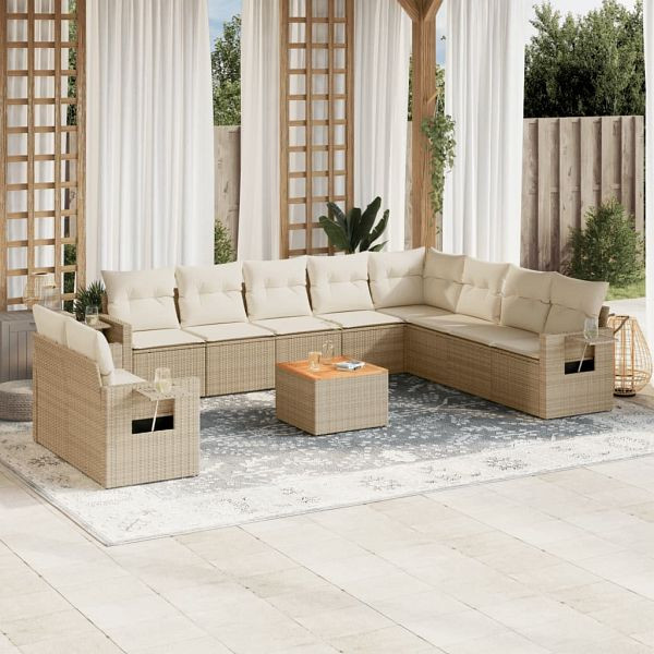 vidaXL 11-teilig Garten-Sofagarnitur mit Kissen Beige Poly Rattan, 3224637
