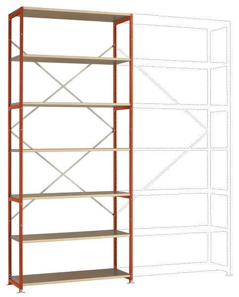Manuflex Breitfach-Steckregal Grundregal mit 7 Holzverbundböden, HxBxT = 3000 x 1280 x 400 mm, rotorange, RP1626.2001