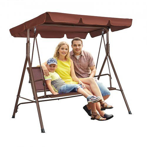 VEVOR 3-Sitzer-Terrassenschaukelstuhl, verstellbarer Baldachin, mit Armlehnen Teslin-Stoff, Rahmen aus legiertem Stahl, Braun, TJQQ68INX44IVDDHLV0