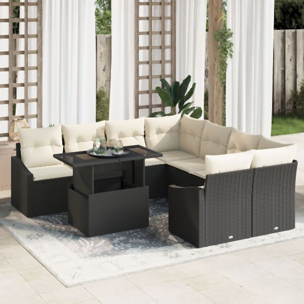 vidaXL 9-teiliges Garten-Sofa-Set mit Kissen Schwarz Poly-Rattan, 3348973