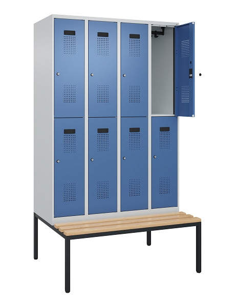 C+P Doppelstock-Spind Evolo PLUS, Bank, 8 Fächer, 2120x1200x815mm, 7035/5023, Zylinderschloss, Sitzfläche Buche-Hartholz, Sitzbank, 0493507-40 S10035