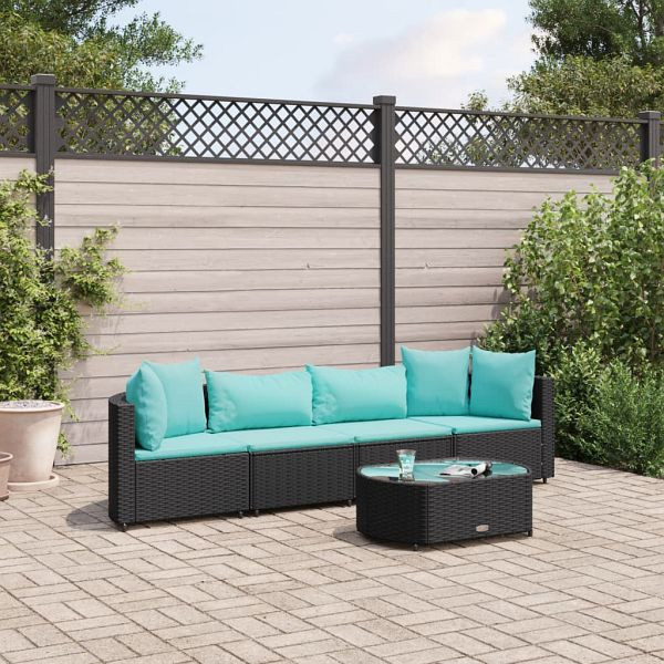 vidaXL 5-teilig Garten-Sofagarnitur mit Kissen Schwarz Poly Rattan, 3308372