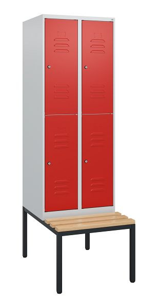 C+P Doppelstöckiger Spind Classic PLUS, 2 Abteile, 1950x600x815mm, 7035/3020, Zylinderschlösser, Buche-Sitzleisten, Sitzbank, 0803505-20 S10032