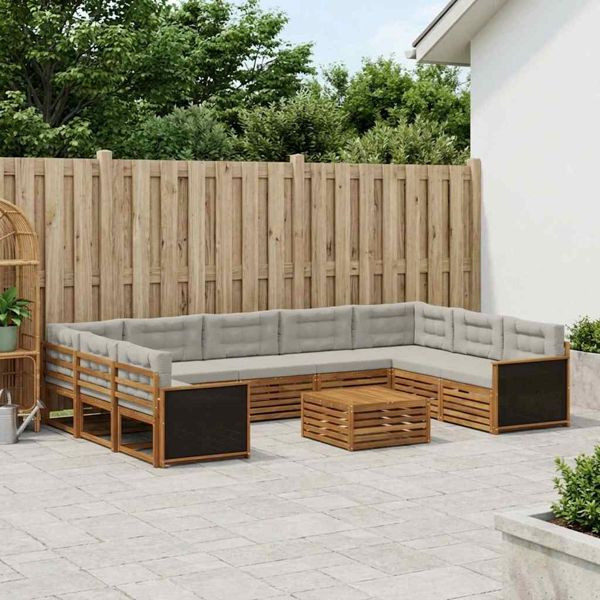 vidaXL Outdoor-Sofagarnitur mit Kissen 10-teilig Natürlich und Hellgrau, 3383854