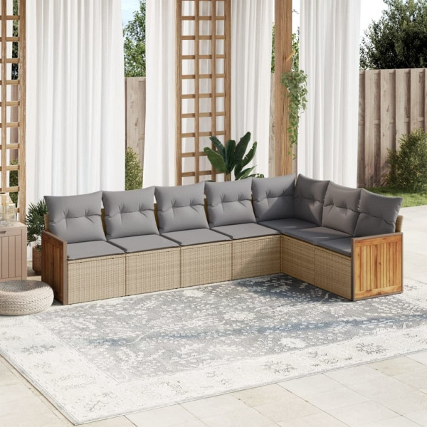 vidaXL 7-tlg. Garten-Sofagarnitur mit Kissen Beige Poly Rattan, UV-beständig, 3260113
