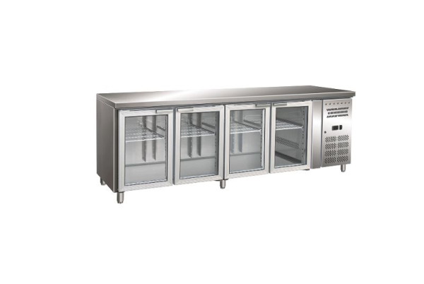Gastro-Inox Edelstahl GN Kühltisch mit 4 Glastüren, Umluftkühlung, 202.242