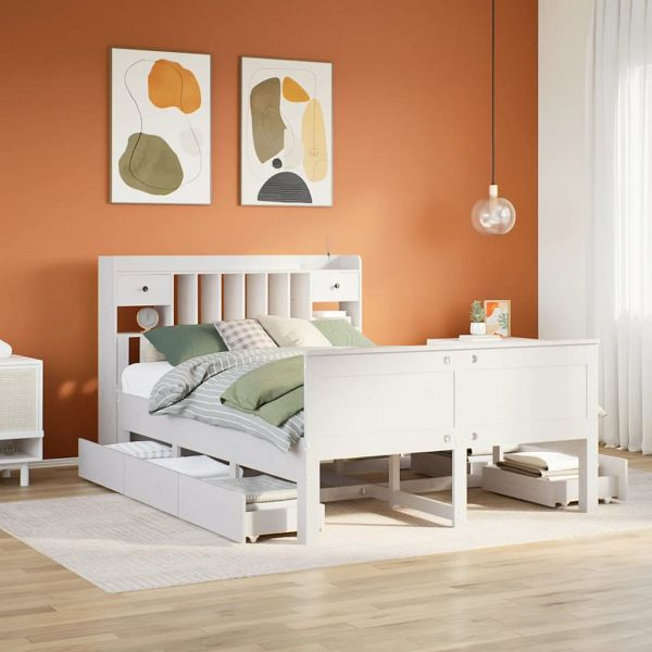 vidaXL Massivholzbett mit Regal ohne Matratze Weiß 140x190 cm Kiefer, 3308934