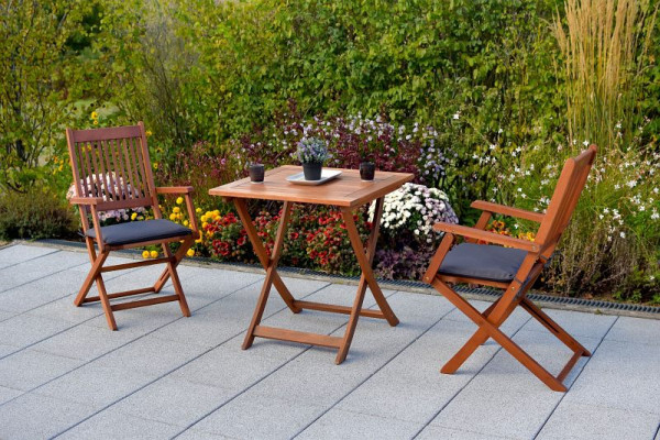 Merxx Rio Set 3-teilig, 2 Rio Klappsessel, 2 Sitzauflagen, grau, 1 Tisch, 70 x 70 cm, FSC ® Eukalyptusholz, 50086-609