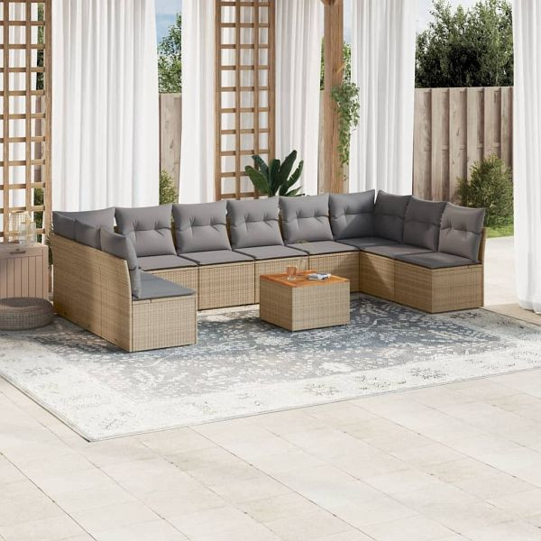 vidaXL 11-teilig Garten-Sofagarnitur mit Kissen Beige Poly Rattan, 3223798