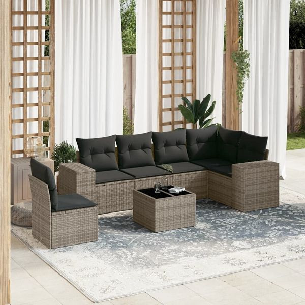 vidaXL 7-tlg. Garten-Sofagarnitur mit Kissen Grau Poly Rattan, 3222639