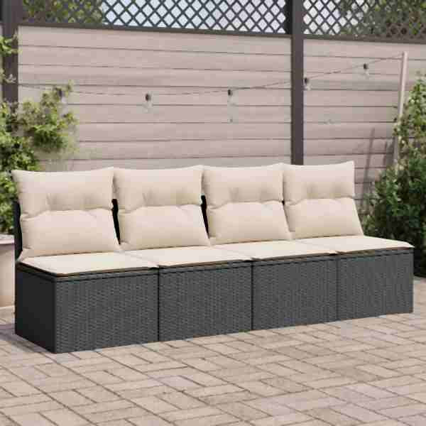 vidaXL Gartensofa mit Kissen 4-Sitzer Schwarz Poly Rattan, UV-beständig, 366000