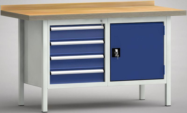 KLW Standard-Werkbank - 1500 x 700 x 840 mm L x T x H, links 4x125EA, rechts Türe 500, WS177N-1500M40-E7040