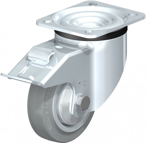 Blickle LK-RD 100R-1-FI-VLI-FA Stahlblech-Lenkrolle, schwere Ausführung, mit Anschraubplatte & Feststeller, Zweikomponenten-Vollgummi, Grau, 750455
