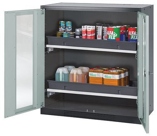 asecos Chemikalienschrank Systema-T CS-102G, Korpus anthrazit, Flügeltüren grau, 2 Tablarauszüge, 208701