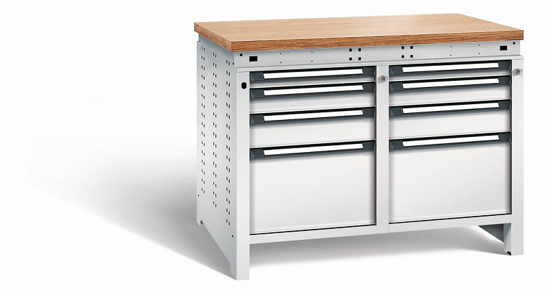 Otto Kind Werkbank Serie function Typ 216, Multiplexplatte 40 mm, bündig, 2x Unterbau + Zentralverschluss, komplett RAL 7035, 072346117