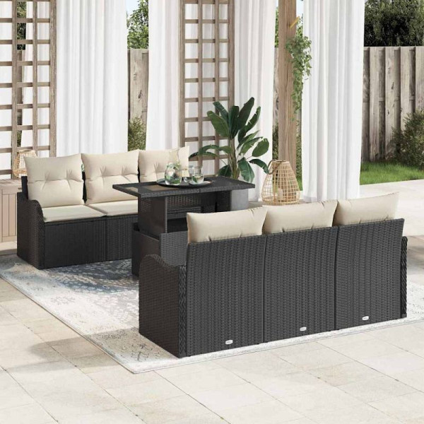 vidaXL Garten-Sofa-Set mit Kissen, 7er Set, Schwarz Poly Rattan, 3348383