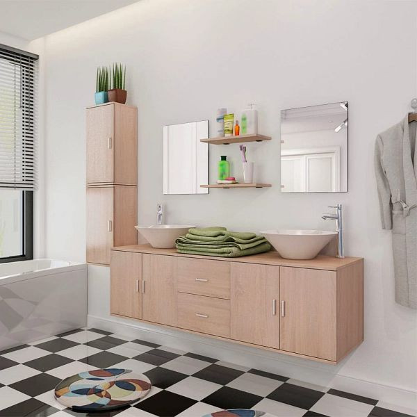 vidaXL 11-teilig Badmöbel-Set mit Waschbecken und Wasserhahn Beige, 273688