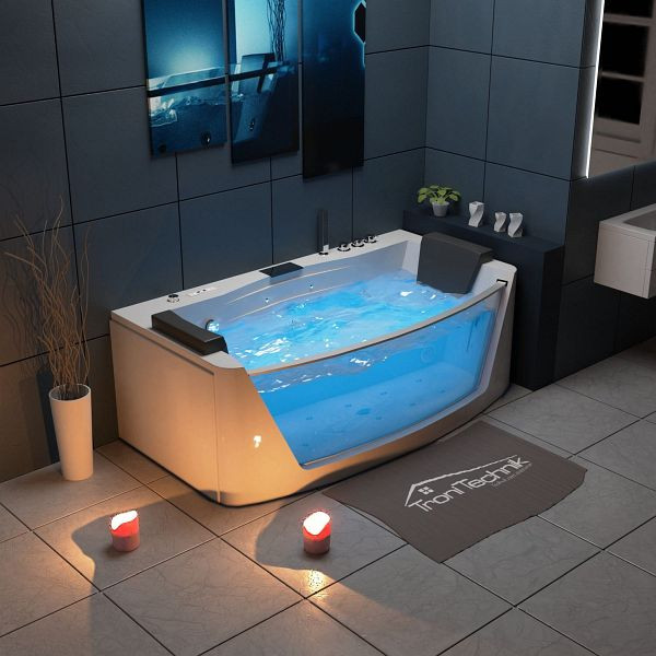 TroniTechnik Whirlpool Badewanne Milos 180 x 88 cm mit Heizung, Wasserfall, Hydromassage, Airpool, Farblichtherapie 2 Personen, LED, Kopfkissen, 1593