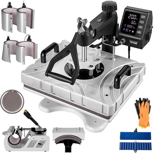 VEVOR Hitzepresse 10 in 1, 38 x 30 cm, 360-Grad-Drehbar, weiß, für Hüte, Teller, Tassen, DGNTHJSHY2938BSO1V2